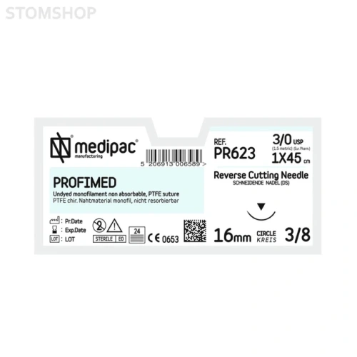 Profimed PR623 - шовный материал, мононить 3/0 45 см, игла 3/8 16 мм, изогнутая, обратно режущая, 24 шт. | MEDIPAC (Греция)