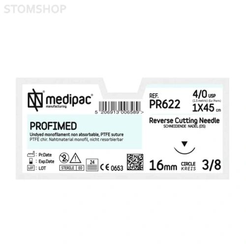Profimed PR622 - шовный материал, мононить 4/0 45 см, игла 3/8 16 мм, изогнутая, обратно режущая, 24 шт. | MEDIPAC (Греция)